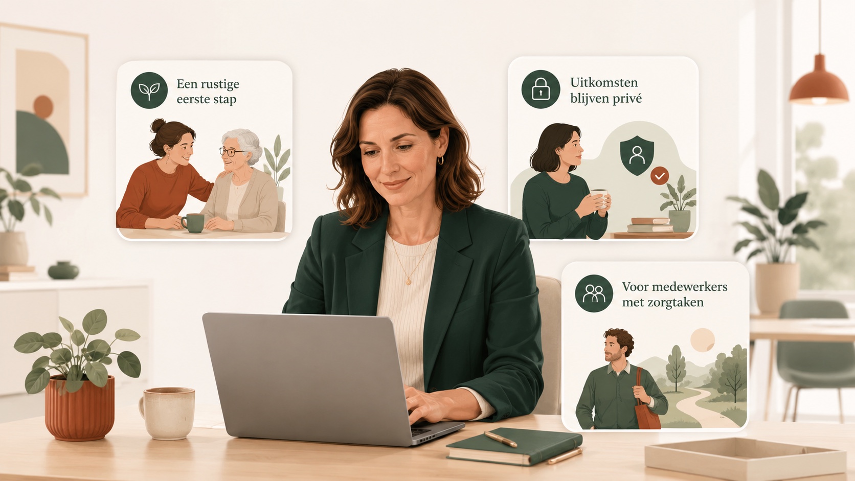 Illustratie van een organisatieprofessional die Mantl aanbiedt als privacybewuste eerste stap voor medewerkers met zorgtaken.