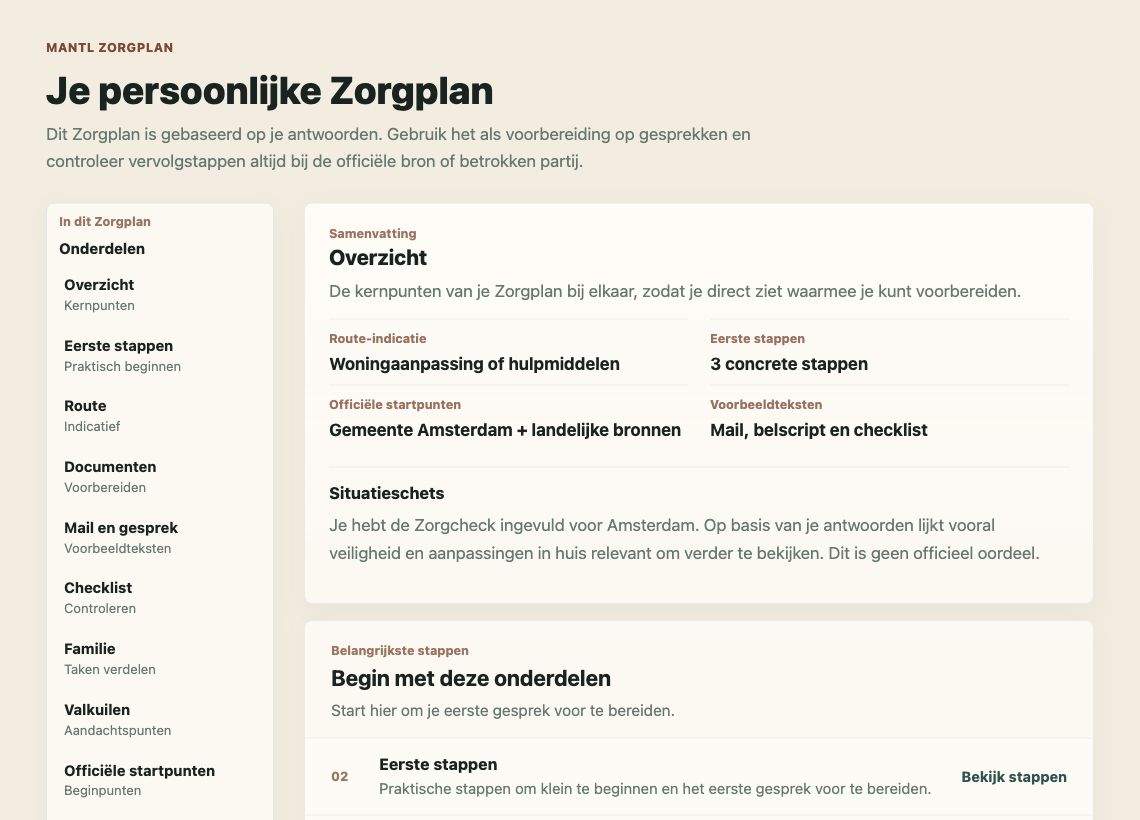 Echte screenshot van het Mantl Zorgplan met overzicht, eerste stappen, offici&euml;le bronnen, voorbeeldmail, belscript en checklist.