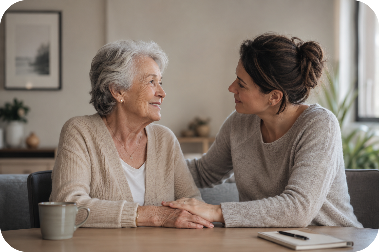 Moeder en dochter zitten samen aan tafel om zorg voor een ouder te bespreken